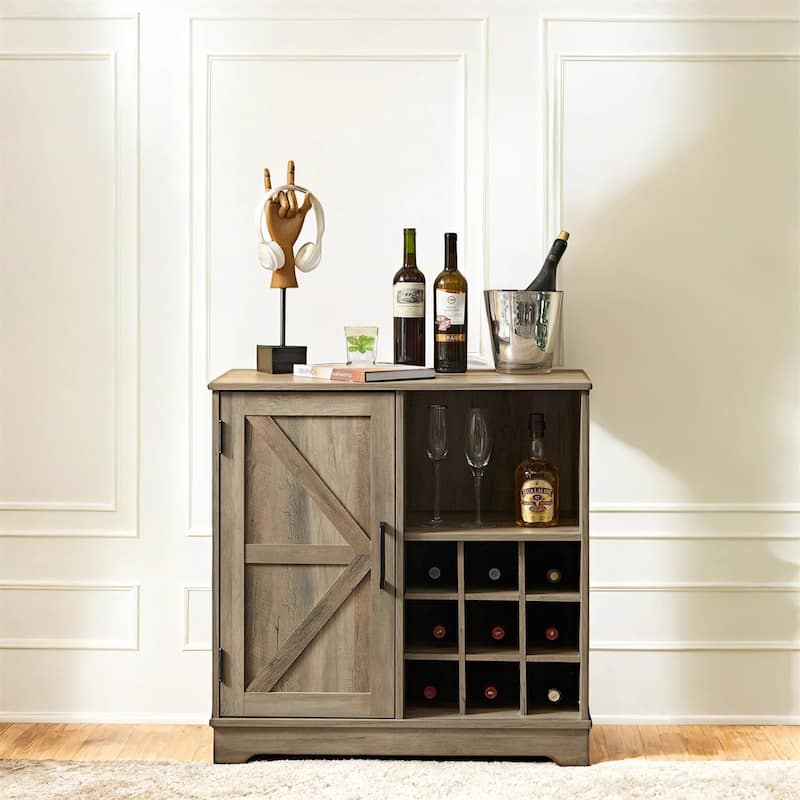 Farmhouse Wine Bar Cabinet with Drawer and Adjustable Storage Shelves for Liquor and Glasses