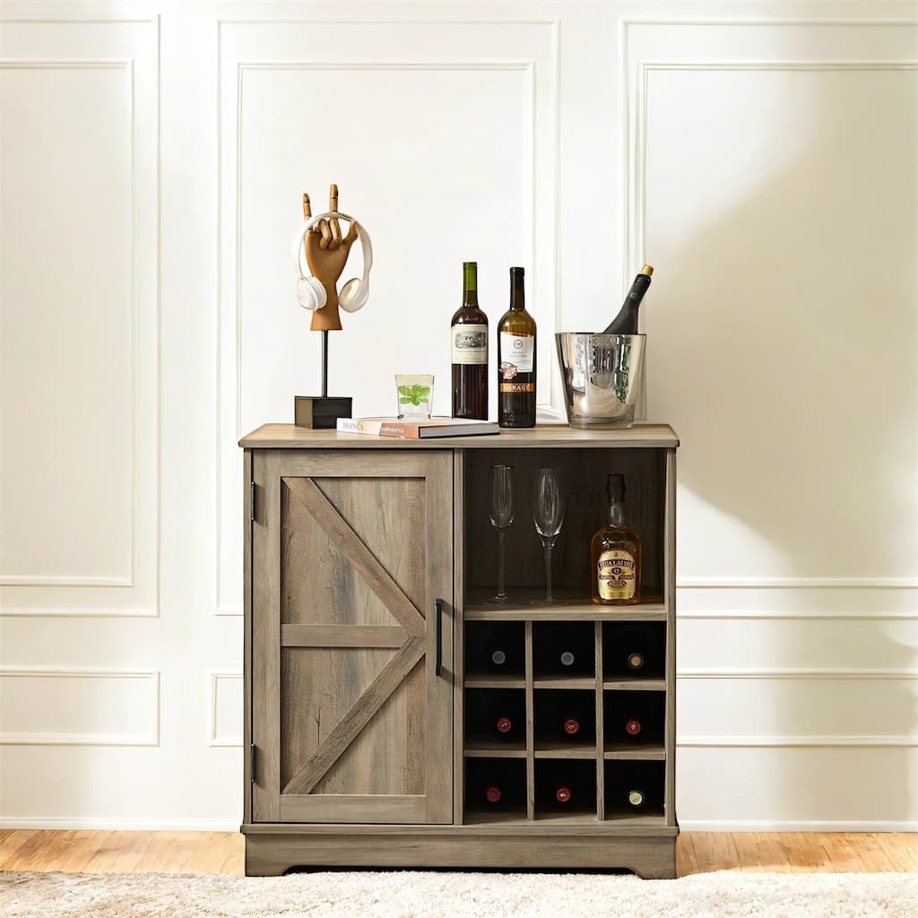 Farmhouse Wine Bar Cabinet with Drawer and Adjustable Storage Shelves for Liquor and Glasses