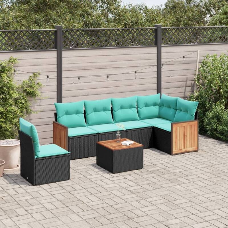 vidaXL 6 Piece Patio Sofa Set with Cushions Black Poly Rattan - 21.7x27.2x24.4-With table
