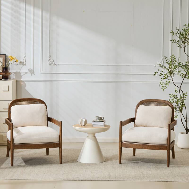 [Set of 2] 26.6" Mid-Century Modern Accent Chair with Light Brown Finish Solid Wood Frame and Rattan Backrest