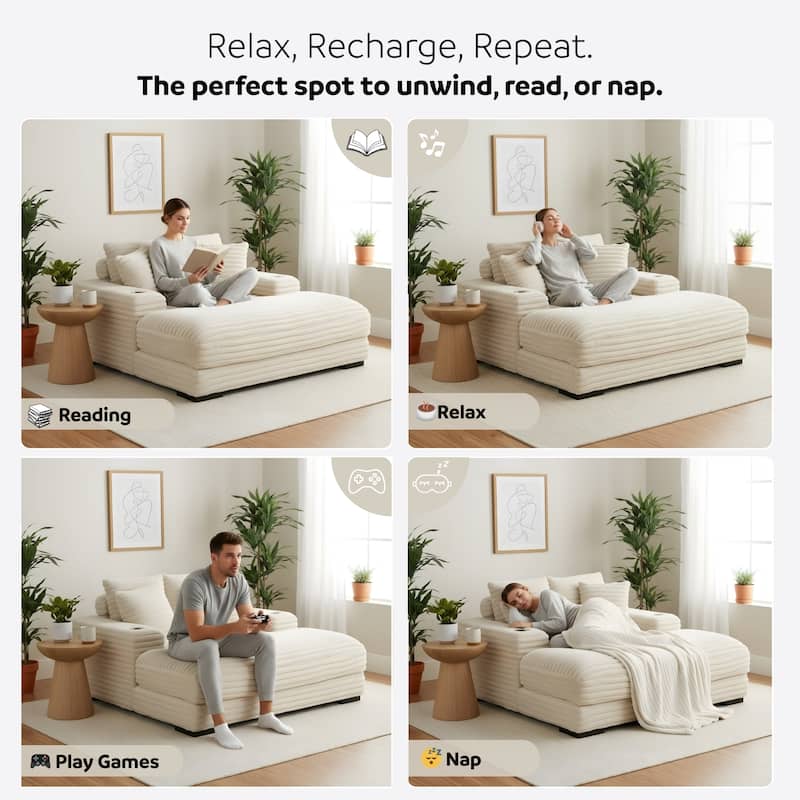 Cocoon Faux Fur Corduroy Oversized Chaise Lounge with Cupholders and USB/USB-C