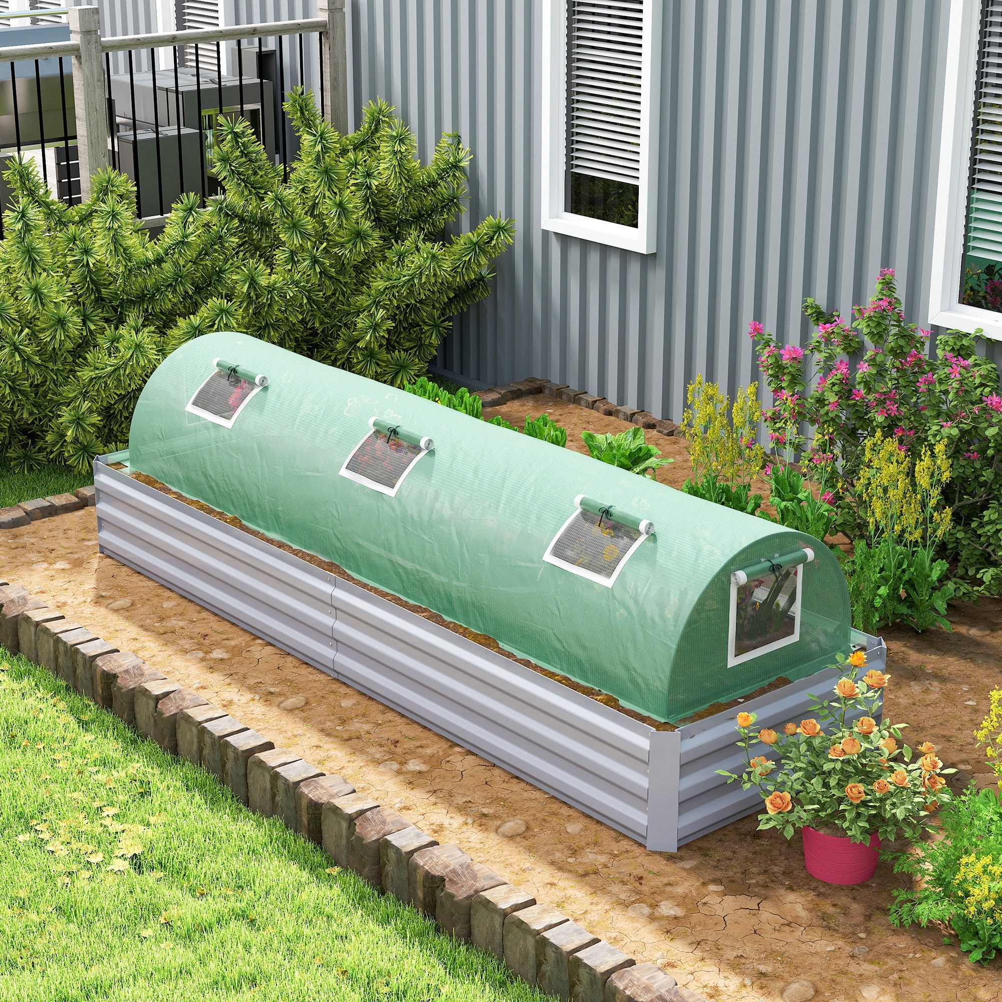 Outsunny 10' x 3' x 2' Mini Greenhouse with 5 Mesh Windows, Portable Plant Hot House with PE Cover, Steel Frame,Green