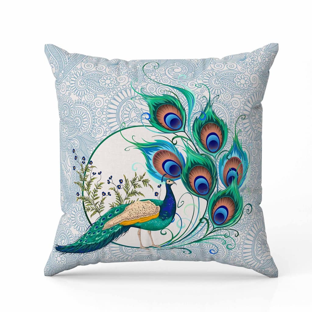 Paisley Peacock Dreams Faux Suede Reversible Throw Pillow Skyblue and Ivory