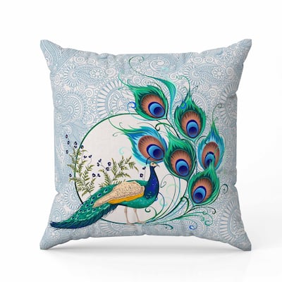 Paisley Peacock Dreams Indoor/Outdoor Reversible Throw Pillow Skyblue and Ivory