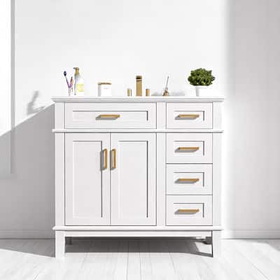 36" Modern Bathroom Vanity with Ceramic Sink, 4 Drawers, 2 Doors, Soft Close, Solid Wood Frame, Freestanding Design