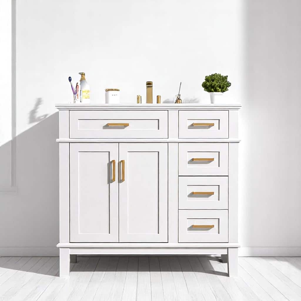 36" Modern Bathroom Vanity with Ceramic Sink, 4 Drawers, 2 Doors, Soft Close, Solid Wood Frame, Freestanding Design