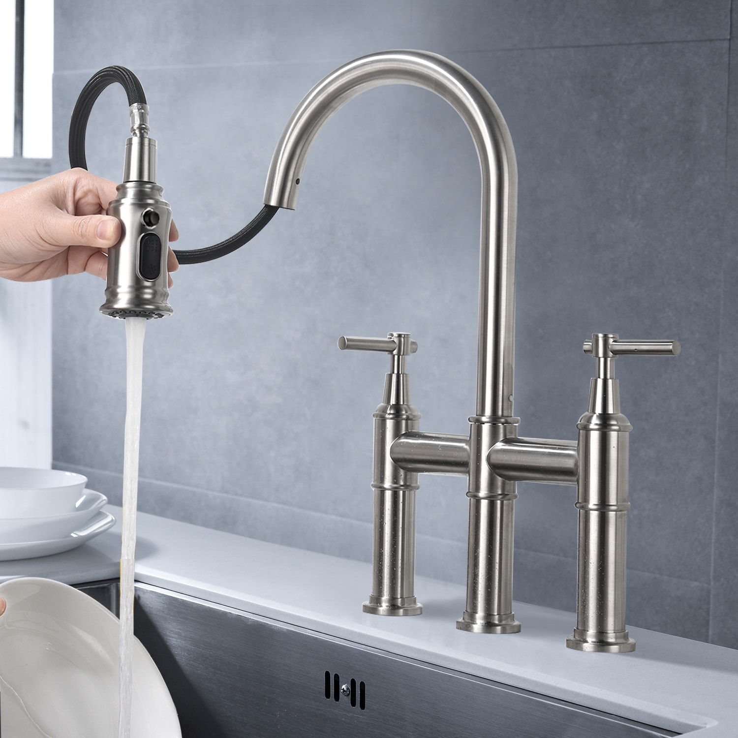 Chrome Bridge Kitchen Faucet with Pull-Down Sprayhead ...