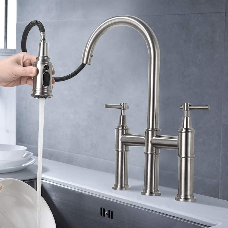 Chrome Bridge Kitchen Faucet with Pull-Down Sprayhead