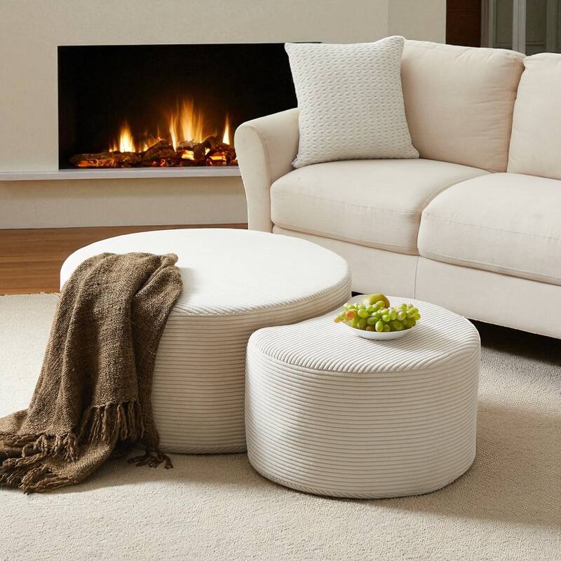 Set of 2 Round Nesting Coffee Tables, Upholstered Corduroy Ottoman Accent Tables, Modern Foam Design, No Assembly