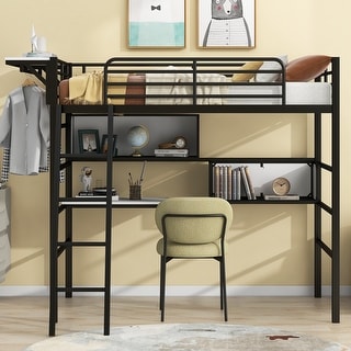 Twin Size Metal High Loft Bed w/Built-in Desk & Hanging Clothes Rack ...