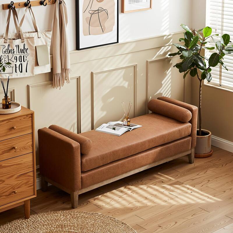 Homy Casa Upholstered Bench Sofa with Pillows, Wooden, Entry Living