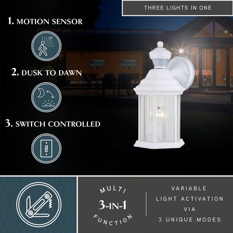 Auburn Aluminum 6.25-in. W 1 Light Motion Sensor Dusk to Dawn Outdoor Wall Lantern Clear Glass