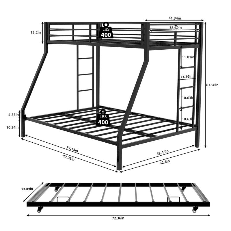 High - Stability Square Tube Bunk Bed, Featuring Ladder & Rolling Trundle, Modern Minimalist Look, Queen