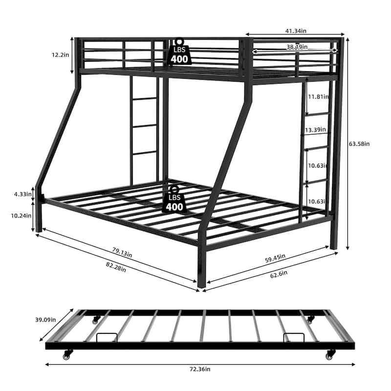 Modern Square Tube Bunk Bed with Ladder and Rolling Trundle Bed