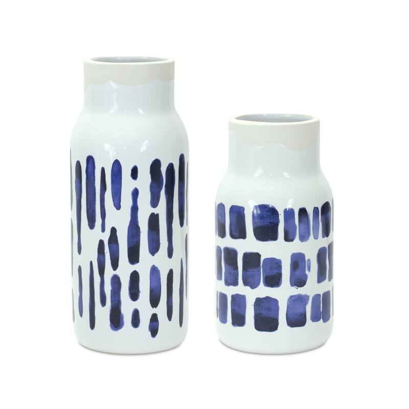Abstract Two-Tone Ceramic Vases - 10" - White and Blue - Set of 2