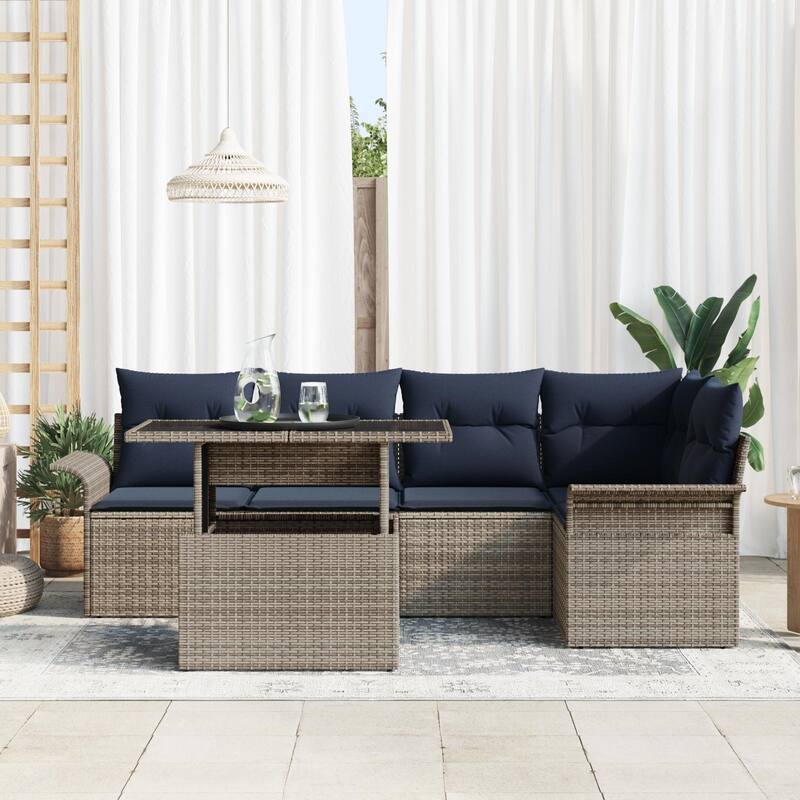 vidaXL 6 Garden Sofa Set with Cushions Black/Brown/Grey Poly Rattan - 95.5 x 52.2 x 27.2