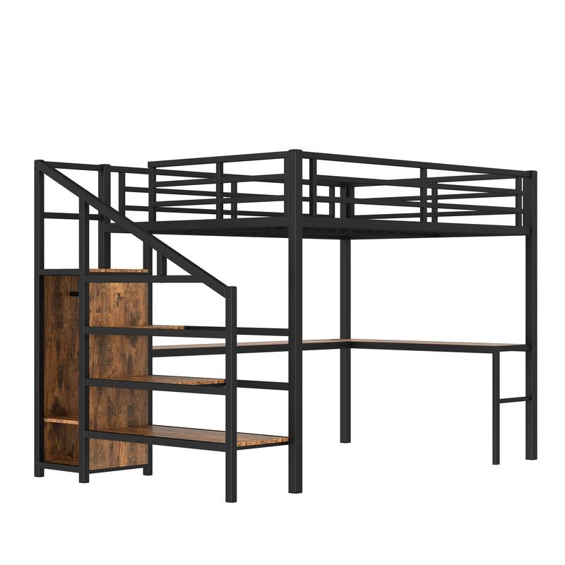 Queen Loft Bed with L-Shaped Desk - Metal Frame Features Wardrobe, Adjustable Shelf & USB/LED Lights
