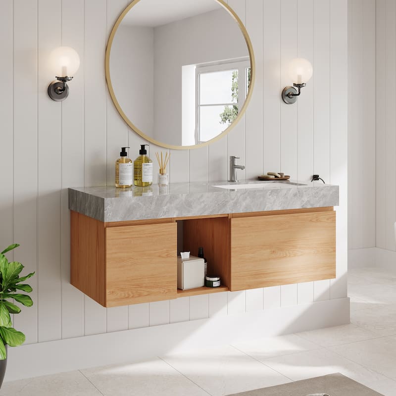 48" Mid Century Single Bathroom faux marble Vanity with Top, Solid Wood, Floating Vanities for Bathroom - 47.6" x 19.6"