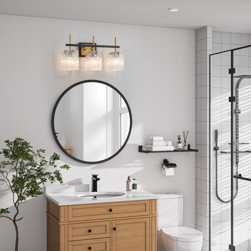 KAWOTI 22" Black &Gold Vanity Light with Textured Glass Shade - W22" x D6.5" x H11.13"