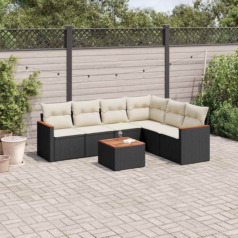 vidaXL Patio Sofa Set with Cushions Outdoor Conversation Furniture Poly Rattan - Black and cream with table - 21.7 x 21.7 x 14.6 in