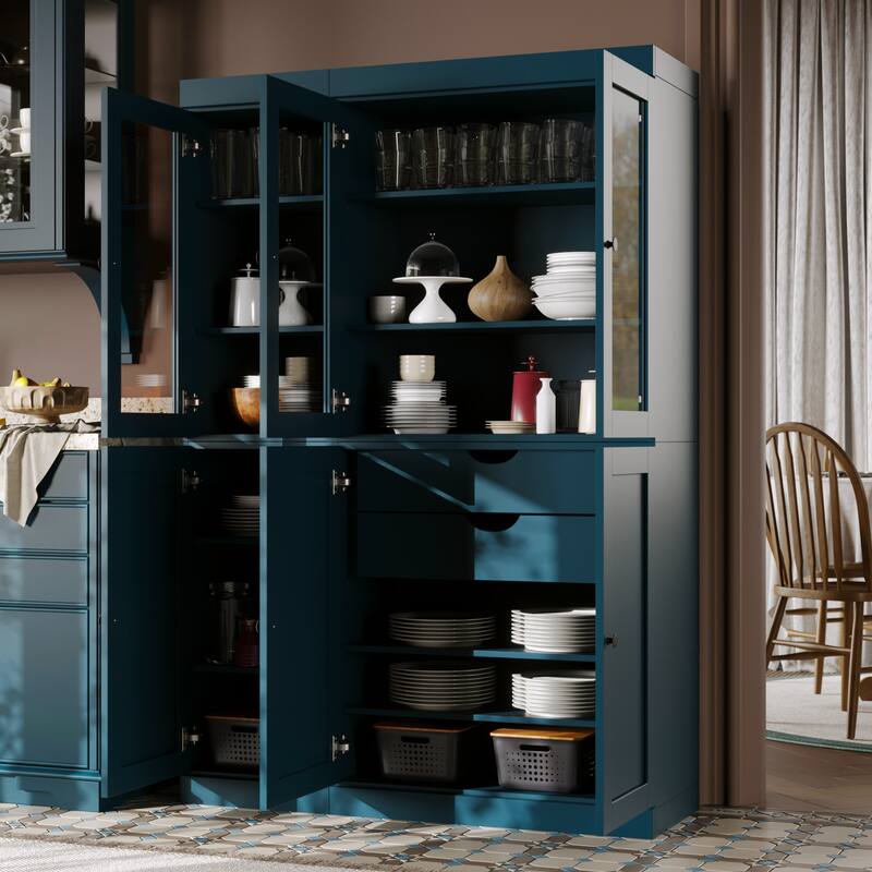 Palace Imports 100% Solid Wood 48.5" Pantry Cabinet with Clear Glass, Shaker Doors, 2-Drawers and Adjustable Shelves