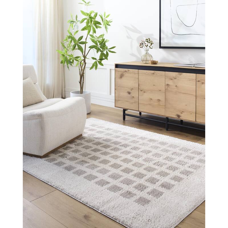 Livabliss Fossay Shag Modern & Contemporary Checkered Washable Area Rug - Light Beige/ Medium Gray - 2' x 2' 11"