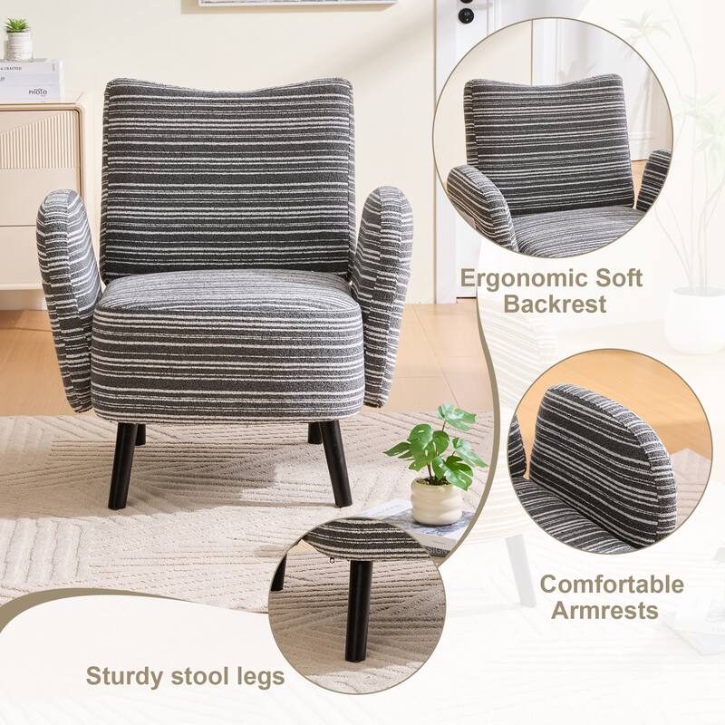 HOMEFUN Boucle Upholstered Stripes Comfortable Wood Frame Single Armchair with Side Pocket