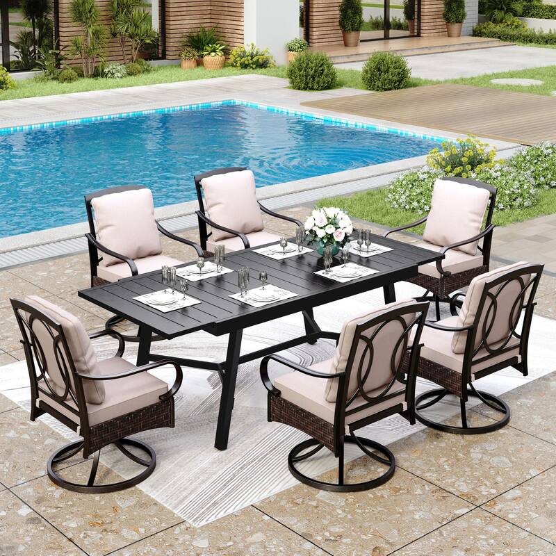 MAISON ARTS 9/7-Piece Patio Dining Set with Rattan Swivel Chairs and a Expandable Dining Table - 7-Piece
