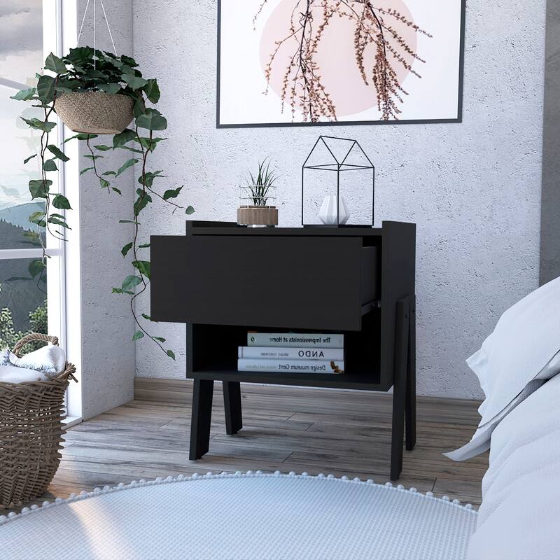 Hosley 1-Drawer 1-Shelf Nightstand Black Wengue，Suitable for bedrooms,living rooms,apartments