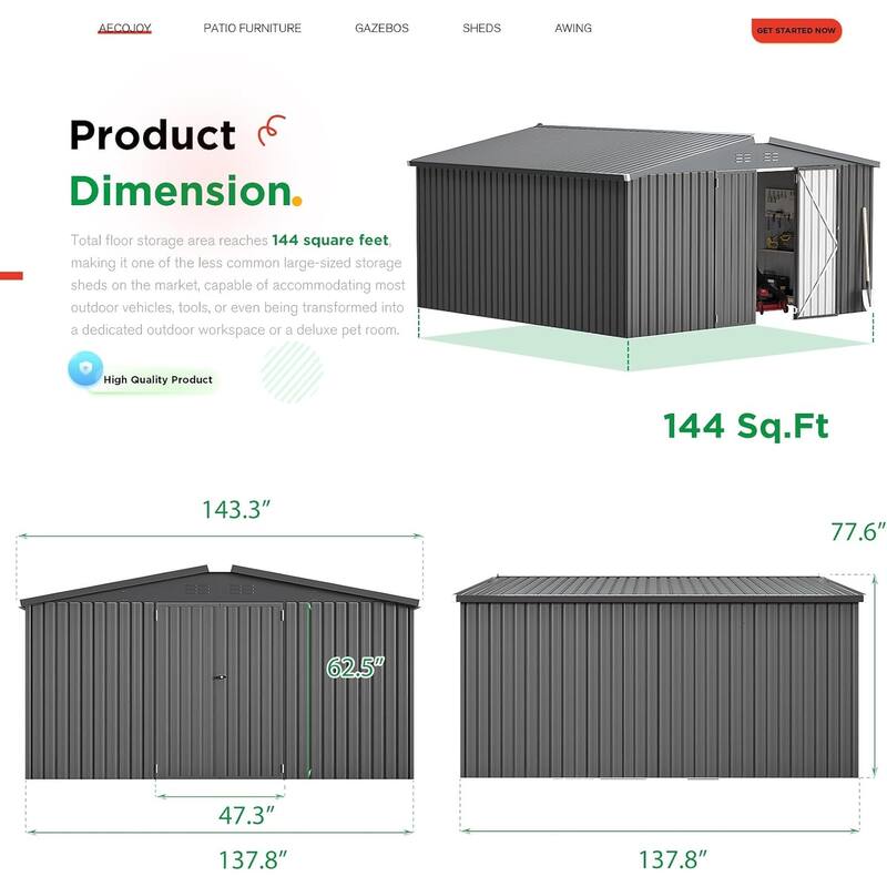 AECOJOY Outdoor Extra Large Storage Metal Shed with Lockable Doors