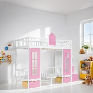 Twin Over Twin Bunk Bed with Changeable Table Desk with 2 Drawers, Pink