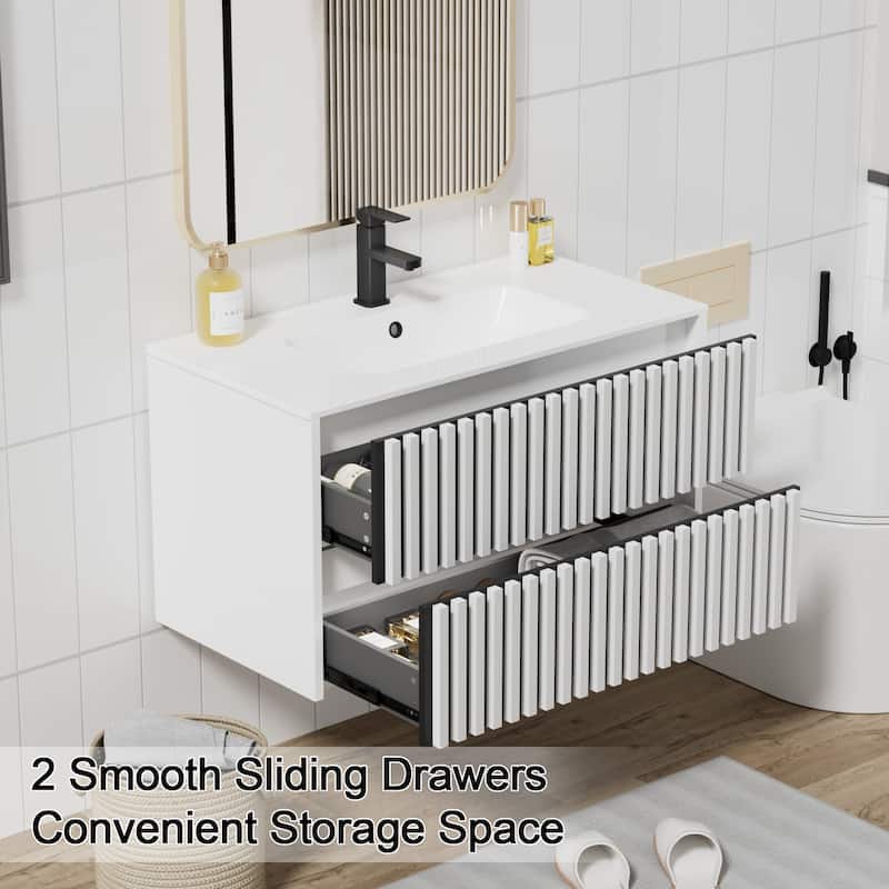 Wall Mounted Bathroom Vanity Set Mid-Century Storage Cabinet with Ceramic Sink