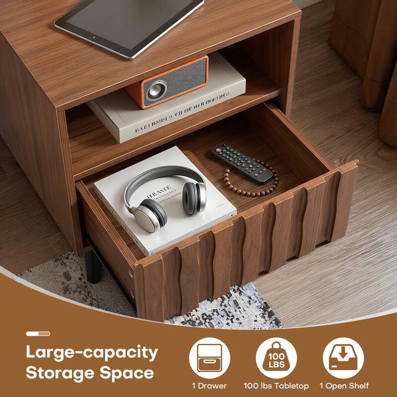 Mid-Century Modern Nightstand, Fluted End Table Drawer & Open Storage