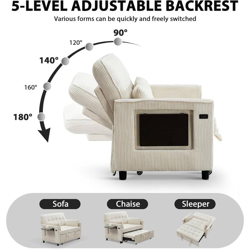 Sleeper Sofa Bed, 52" Convertible Pull Out Couch with Small Table,USB Port,Side Pockets,Corduroy Fabric,Adjustable Backrest