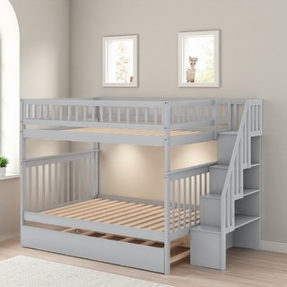 Full Over Full Pine Bunk Bed with Twin Trundle and Storage Staircase ...