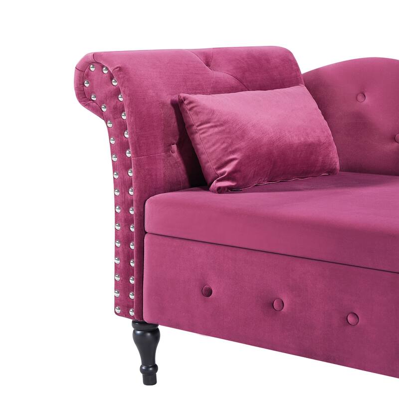 60" Velvet Multifunctional Storage Chaise Lounge Buttons Tufted Nailhead Trimmed Solid Wood Legs with 1 Pillow,Burgundy