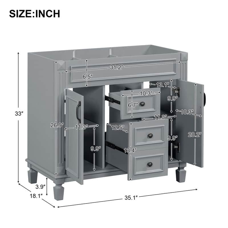 36" Bathroom Vanity without Top Sink, Cabinet only, 2 Soft Closing Doors and 2 Drawers