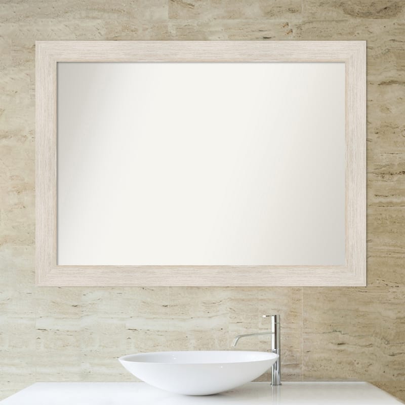 Non-Beveled Wood Bathroom Wall Mirror - Hardwood Whitewash Frame