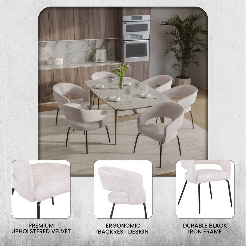 Open Back Dining Chair Upholstered in Leather or Velvet with Iron Legs