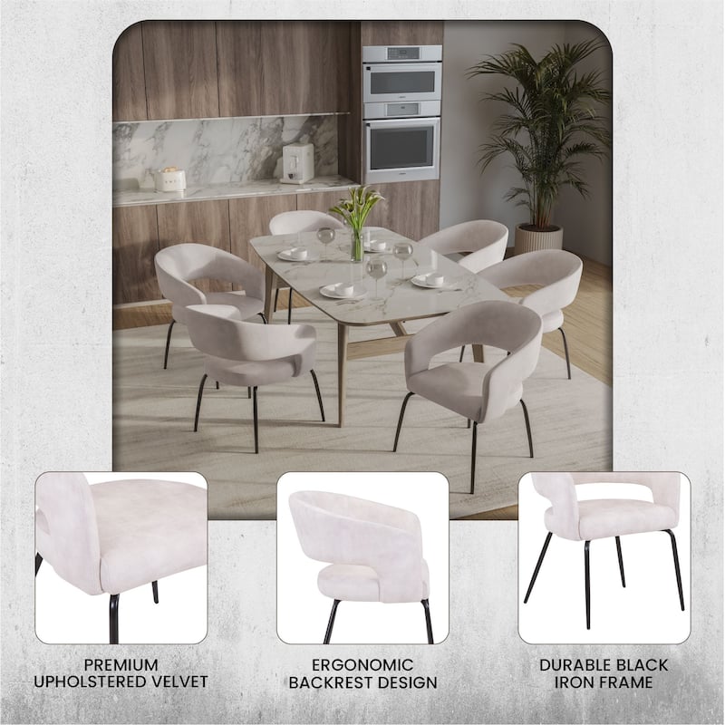 Open Back Dining Chair Upholstered in Leather or Velvet with Iron Legs Set of 2