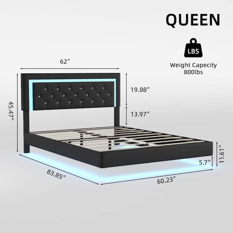 Upholstered Platform Bed PU Leather Floating Bed Frame with LED Lights&Diamond Tufted Headboard/No Box Spring Needed/Noise Free