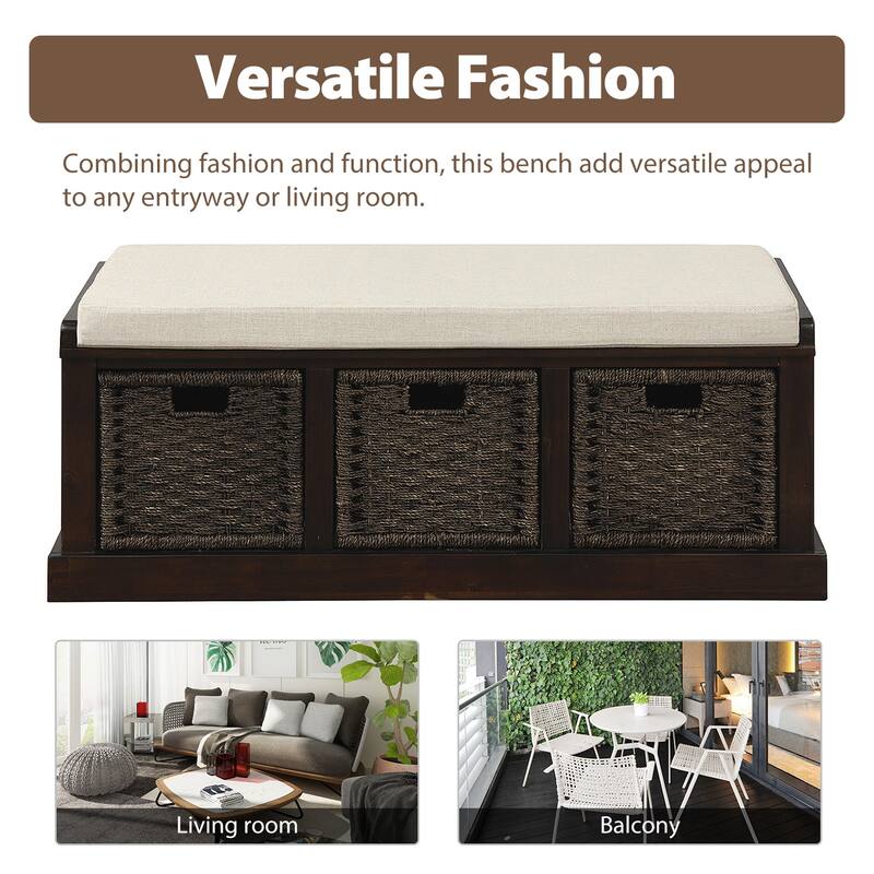 Rustic Storage Bench with Removable Cushion & 3 Classic Rattan Baskets - Perfect for Farmhouse Decor