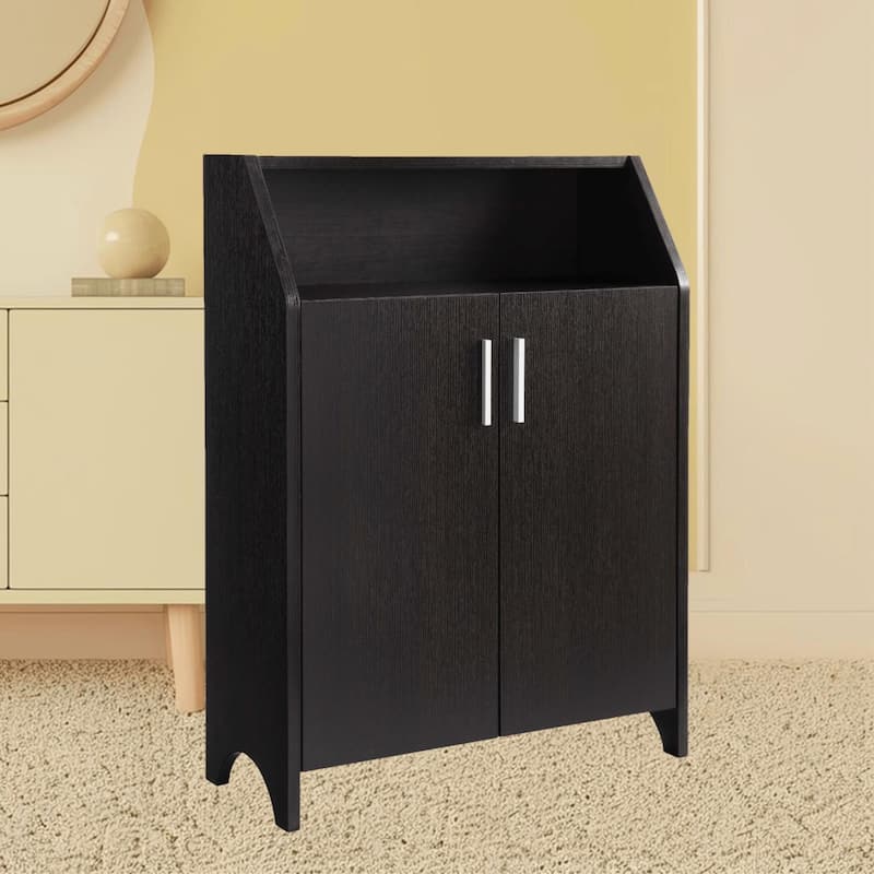 Shoe Storage Rack Cabinet with Two Doors, 4 Shelves, Open Shelf and Aluminum Bar Handles for Entryway Efficient Organization - Espresso