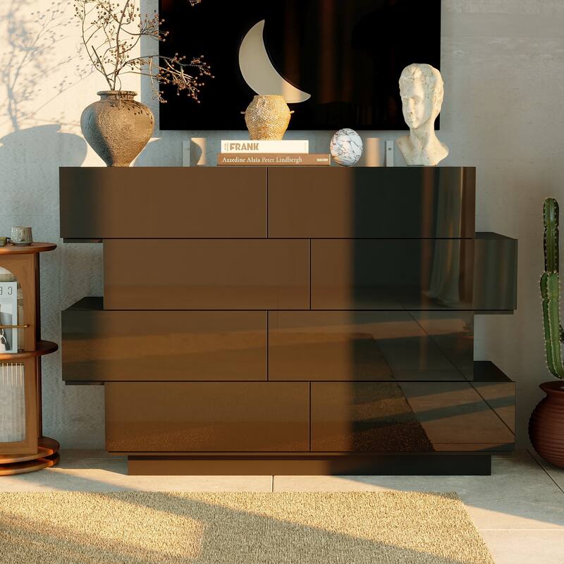High Gloss White Eight-Drawer Dresser with Modern Design and Storage Chest