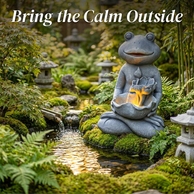 Outdoor Meditating Frog Water Fountain with Lotus Accents 18.9in Tall and Lights