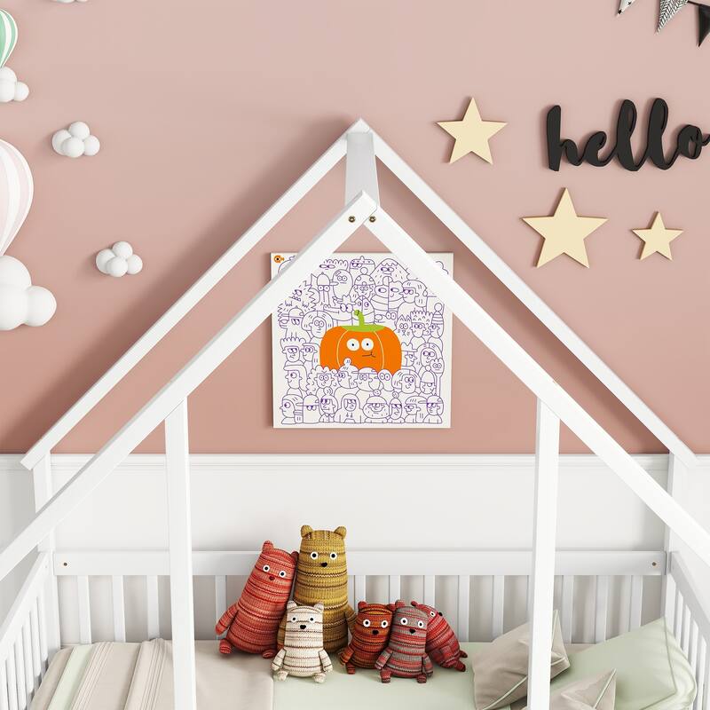 Full Size House-Shaped Floor Bed with Safety Guardrails, Pine Wood Structure, Fun & Safe Bed for Kids & Toddlers