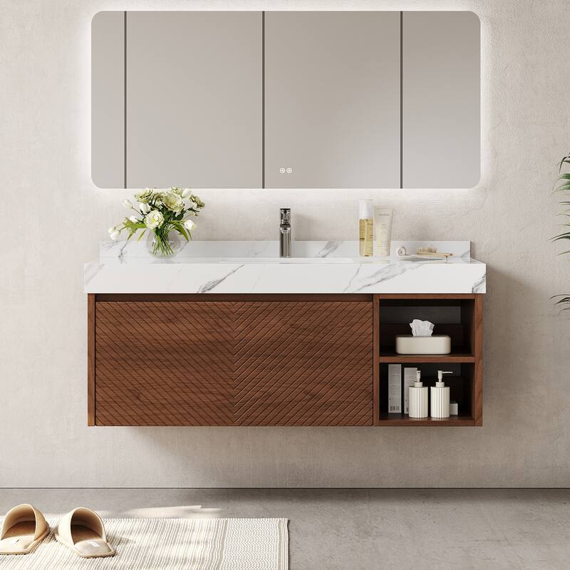 48" Modern Floating Single Bathroom Vanities with Sink, Brown or Natural wood, 2 Drawers