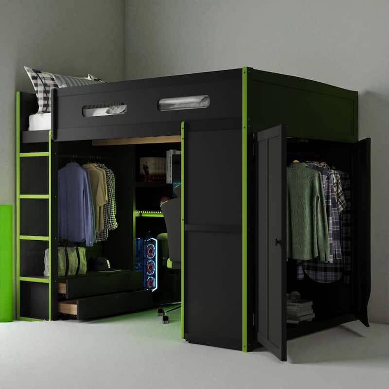 Full Size Loft Bed with Desk, RGB LED Lights, Wardrobes, Drawers and USB Charging Port for Teens and Gamers