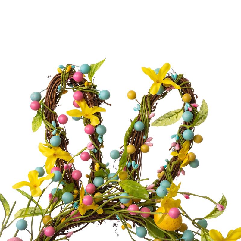 Glitzhome Easter Bunny Shaped Wreath with Eggs Satin Ribbon Bow Basket