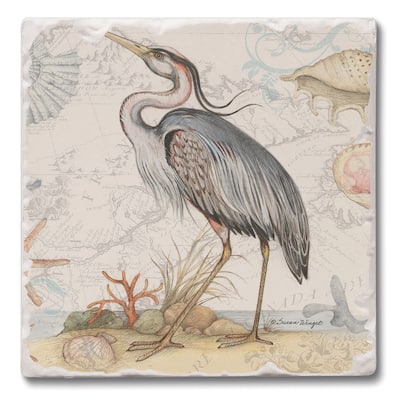 Counterart Absorbent Stone Coasters - Shoreline Blue Heron - Set of 4 - 4x4x1.206
